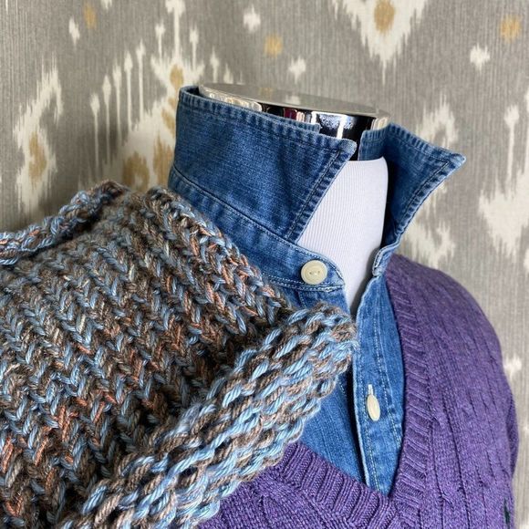 Unisex Hand Knit Marled Blue & Khaki Snood Scarf - Picture 2 of 3